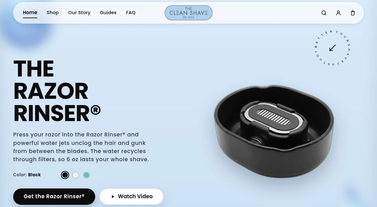 The Clean Shave homepage hero with the Razor Rinser