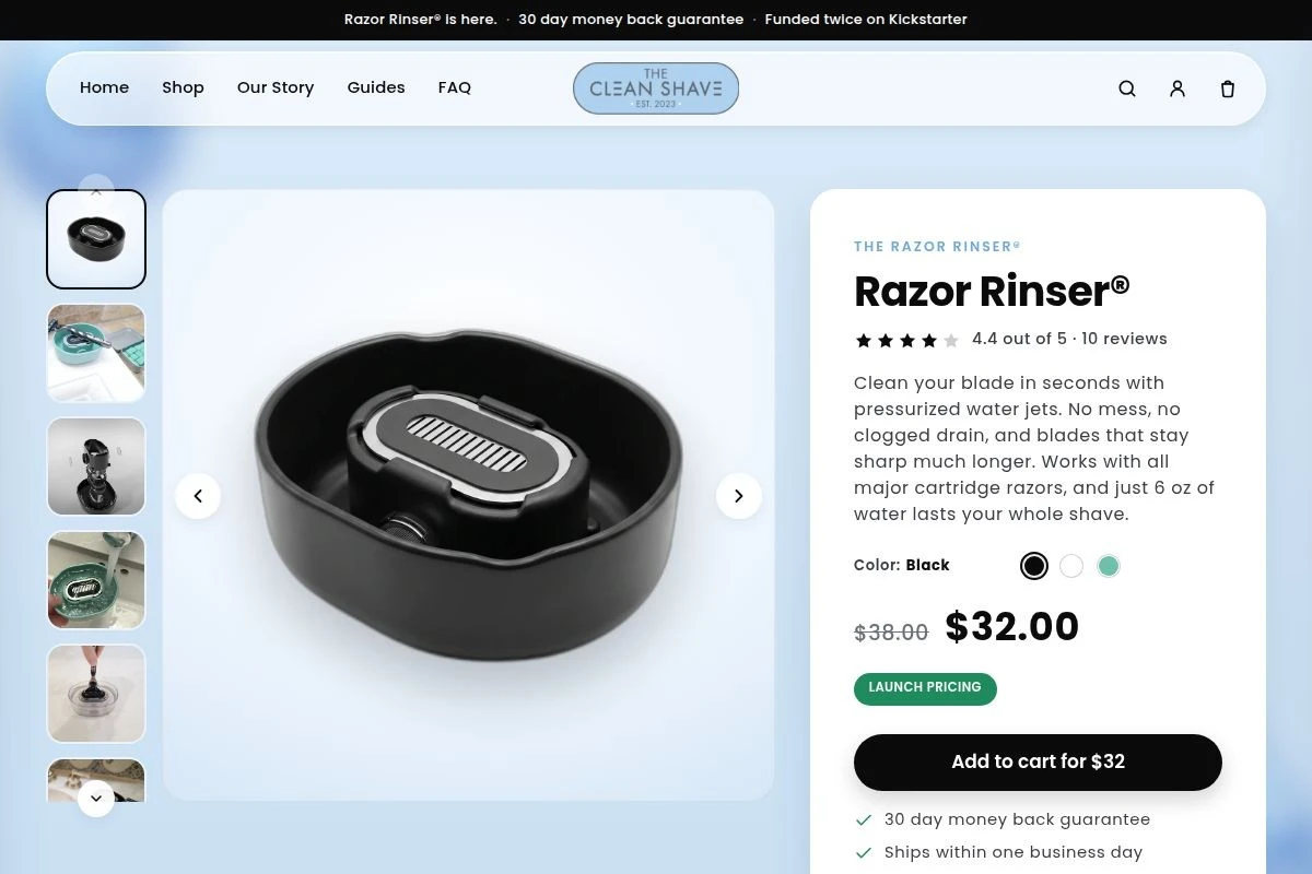 The Clean Shave, Razor Rinser product page